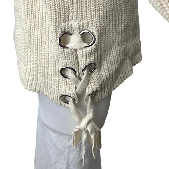 KUT From The Kloth Cream Ribbed Knit Lace Up Long Sleeve Sweater Top Size L - Picture 3 of 5